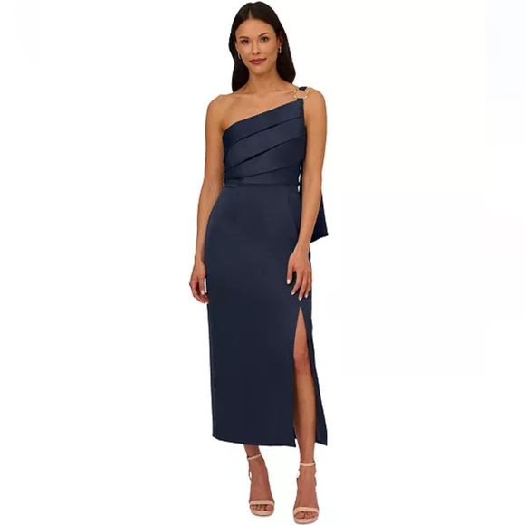 Adrianna Papell Dresses & Skirts - Adrianna Papell Women's Satin NAVY Crepe One-Shoulder Gown Dress 16 NEW
